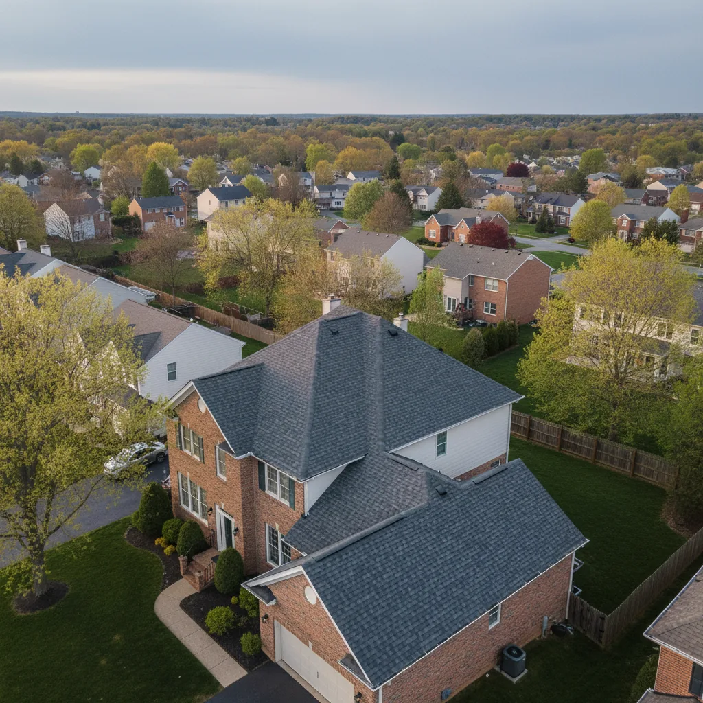 Aerial view of a Dundalk, Maryland home roof replacement by Supreme Restorations