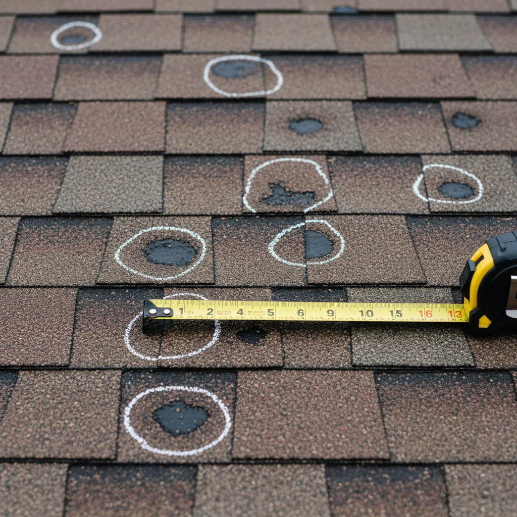 Hail damage documentation on a Maryland roof. Chalk-circled bruises and tape measure used by Supreme Restorations